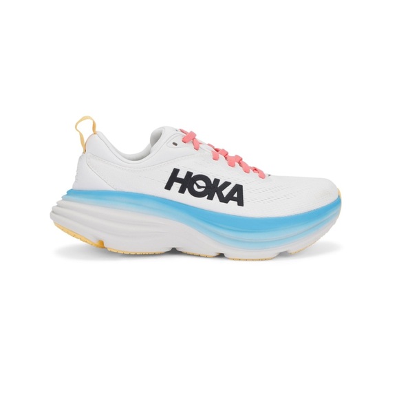 Hoka Shoes - Hoka White Bondi 8 Sneaker with Blue Gradient Midsole and Pink Laces